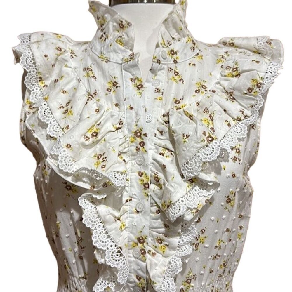 The Shirt Rochelle Behrens White Floral Sleeveless Ruffle Dress Size M - EUC - Picture 2 of 7